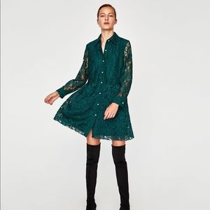 Green Lace Long Sleeved Dress with Collar Zara